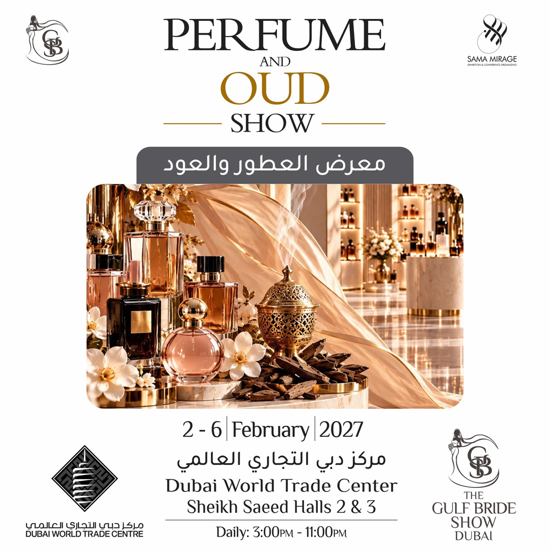 Perfume bottles, gold filigree censer with smoke, raw agarwood chips and white jasmine on marble pedestal for the Perfume and Oud Show Dubai 2027