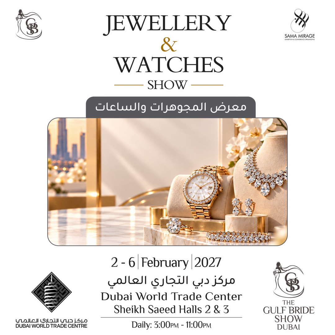 Gold diamond watch, necklace, earrings and ring on marble for the Jewellery & Watches Show Dubai 2027
