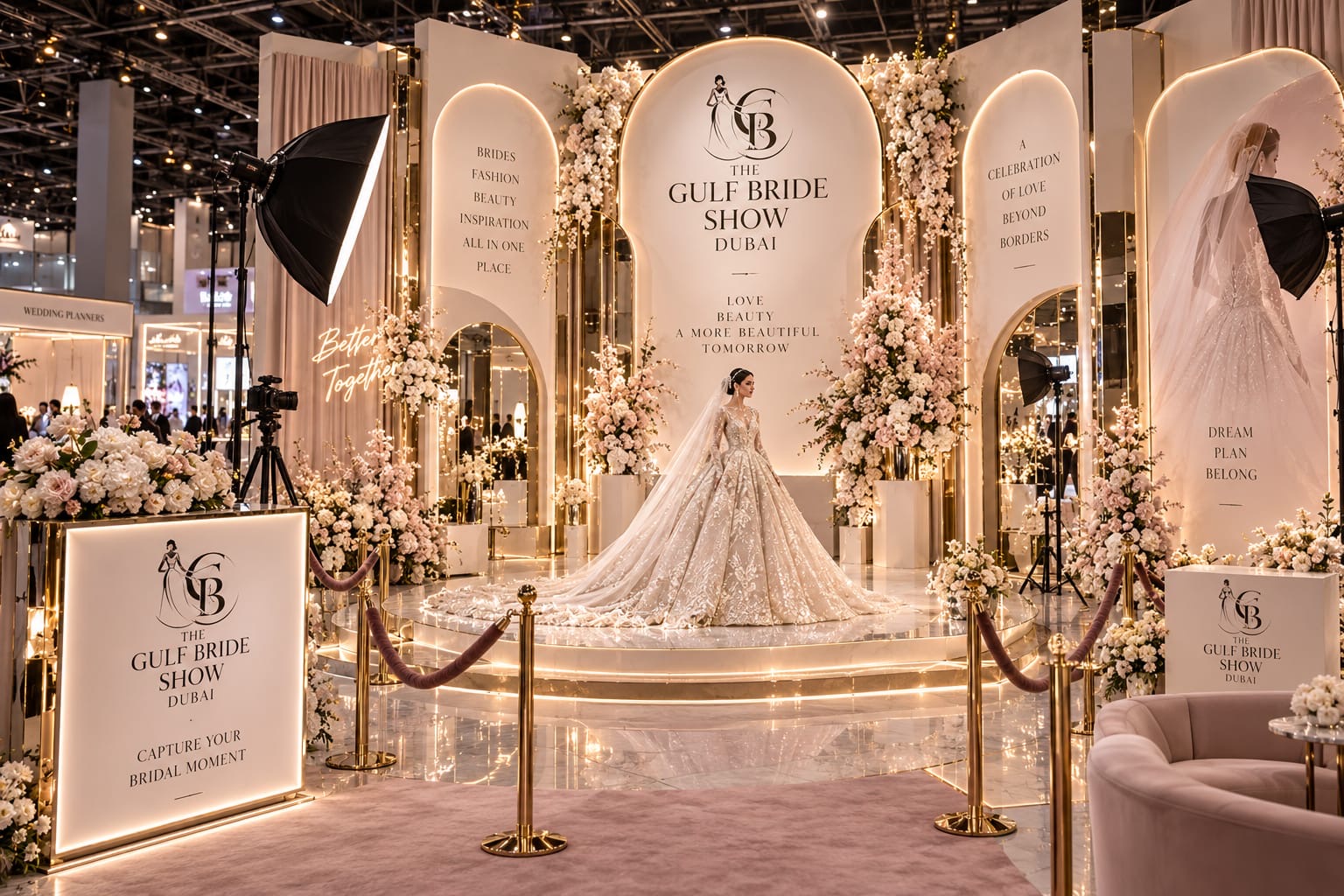 Haute couture bridal gown on the illuminated stage