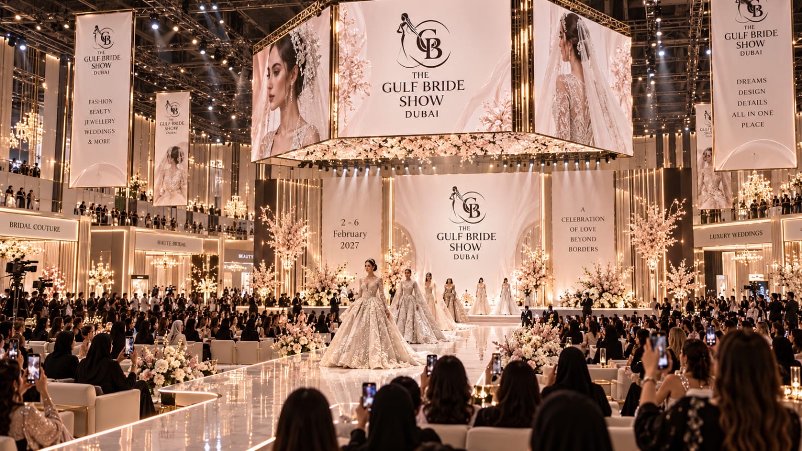 The main bridal runway stage under towering visual screens