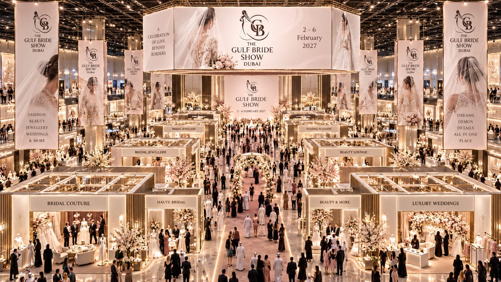 Grand exhibition hall overview featuring luxury bridal showcases